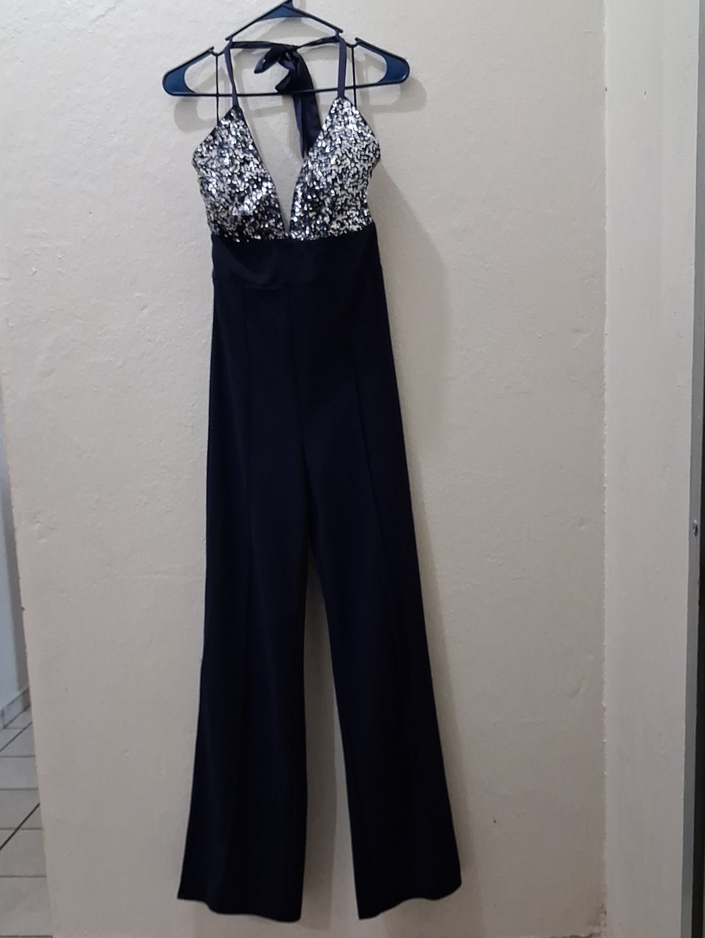 Miss Avenue Sequin Halter Jumpsuit - Navy and Silver NWT